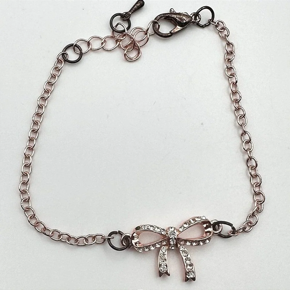 Vintage‎ 90s Rose Gold Tone Bow Rhinestone Bracelet Women's Classic Jewelry
